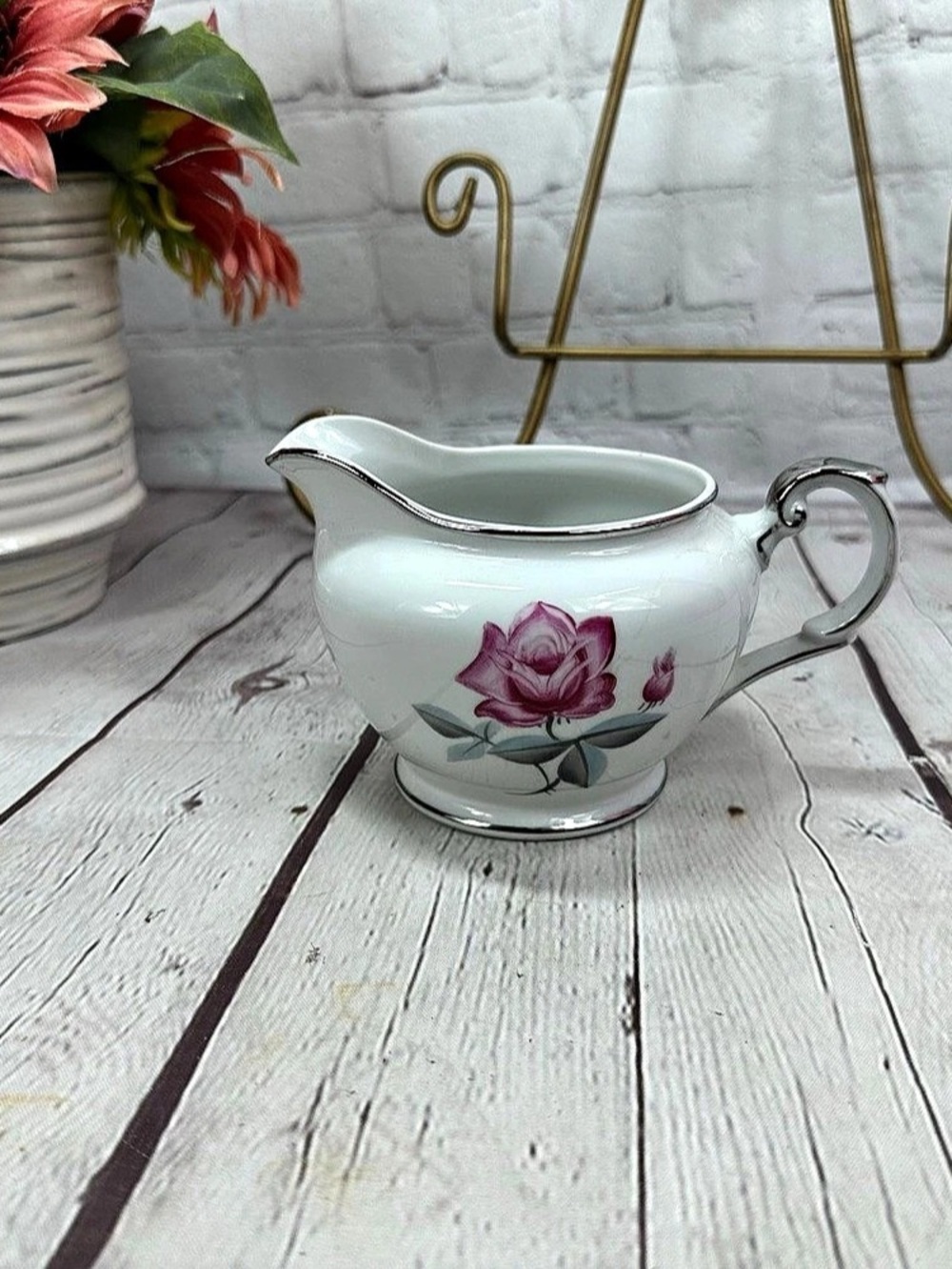Hand Painted China A-5238 Floral Creamer in White & Pink